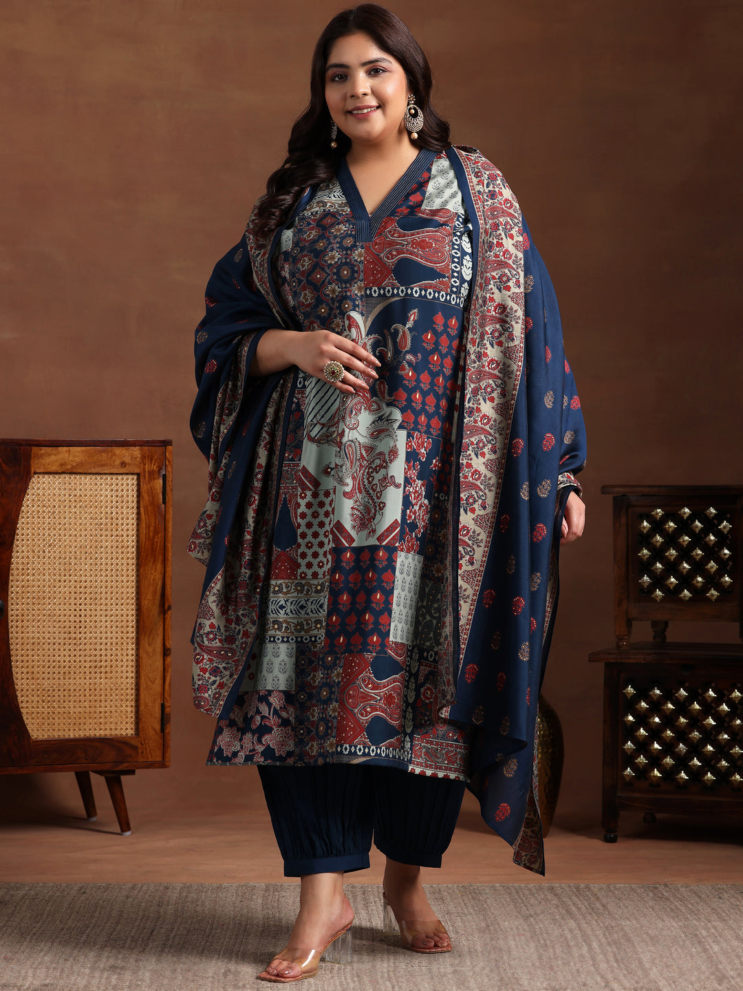 Plus Size Blue Printed Silk Blend Straight Suit With Dupatta