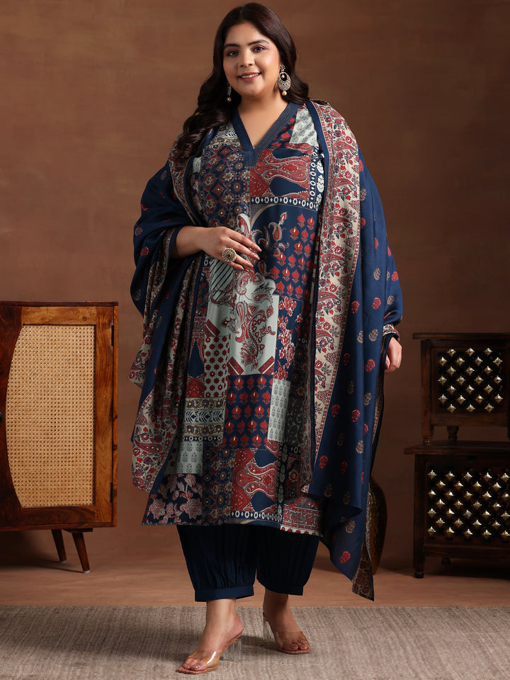 Plus Size Blue Printed Silk Blend Straight Suit With Dupatta
