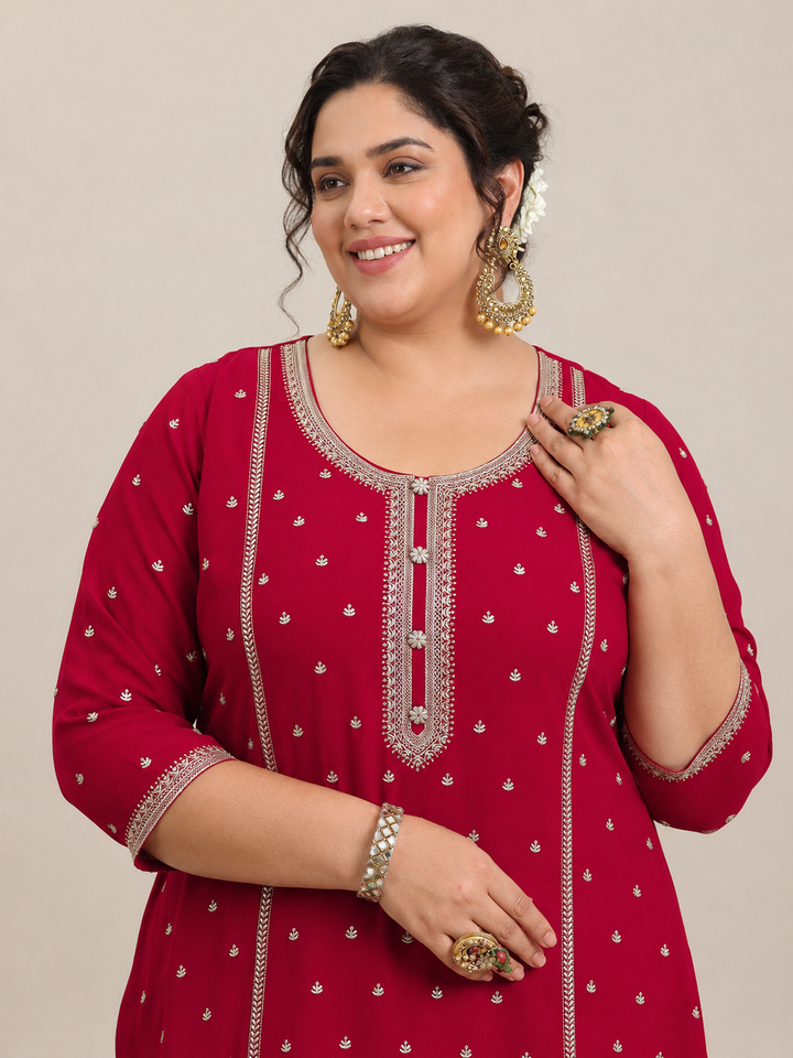 Plus Size Red Embroidered Georgette Straight Suit Set
