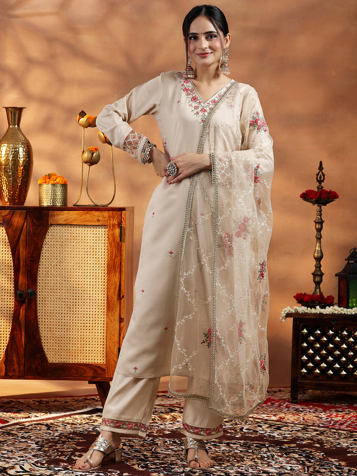 Ivory Embroidered Silk Blend Straight Suit With Dupatta