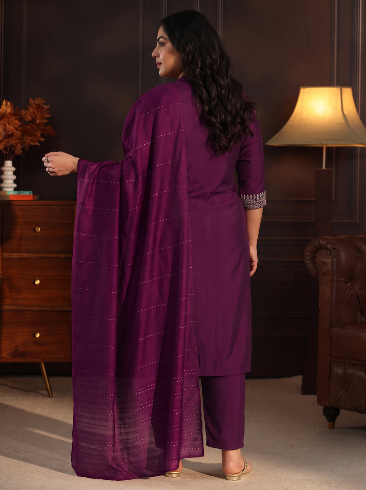 Plus Size Wine Yoke Design Silk Blend Straight Suit Set