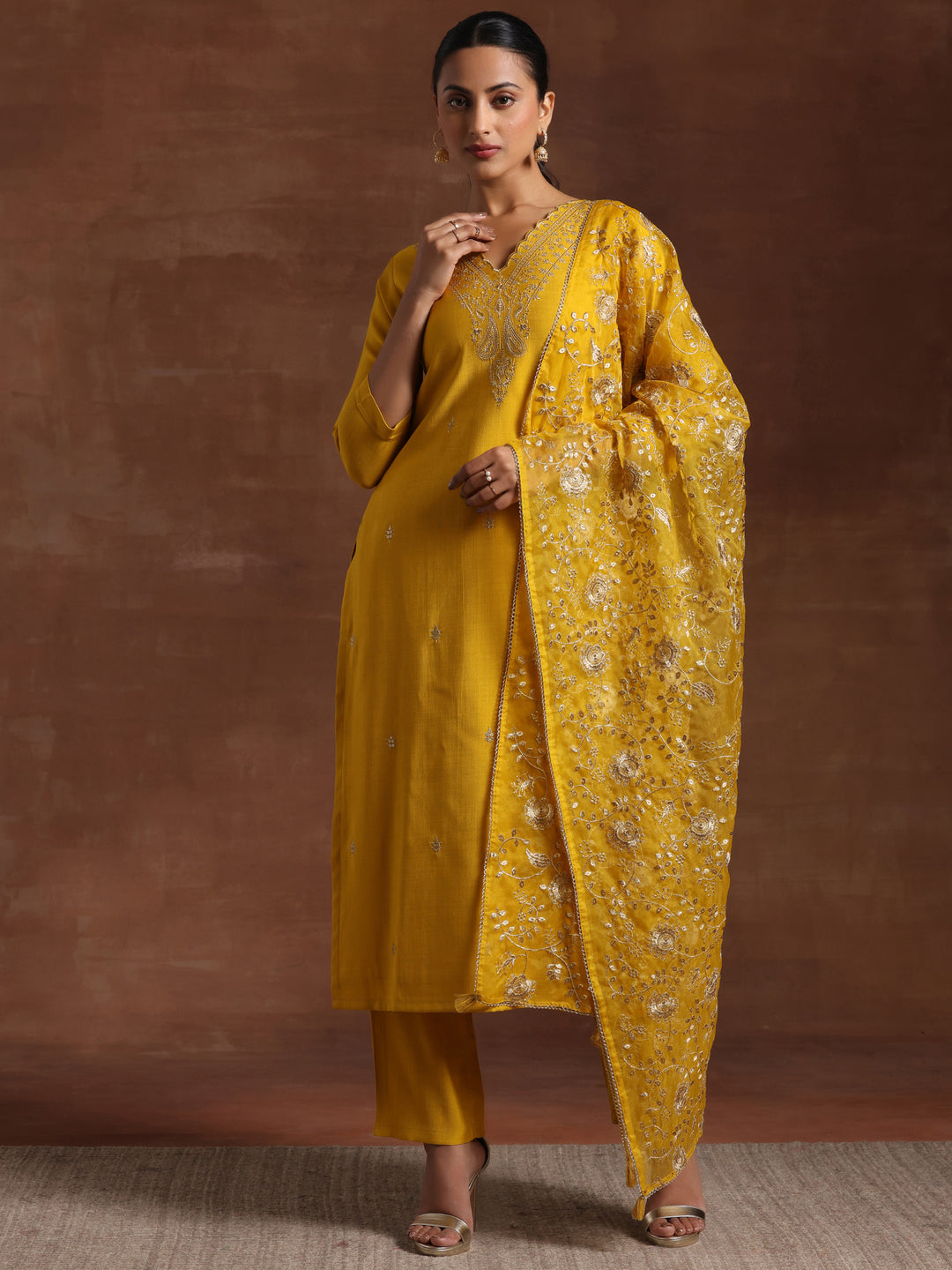 Mustard Embroidered Silk Blend  Straight Suit Set With Dupatta