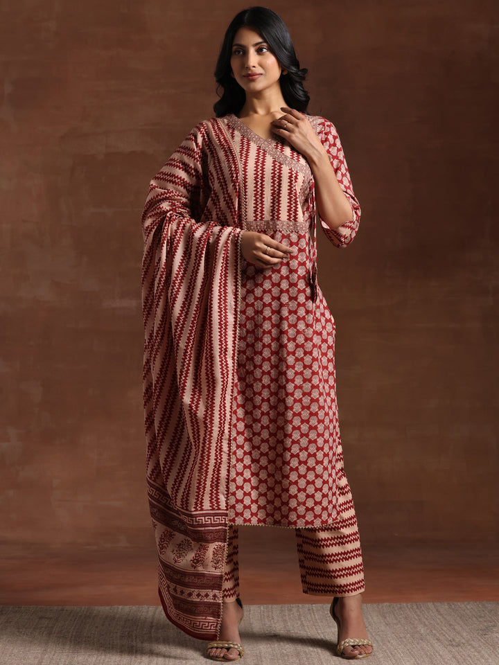 Maroon Printed Cotton Straight Suit With Dupatta