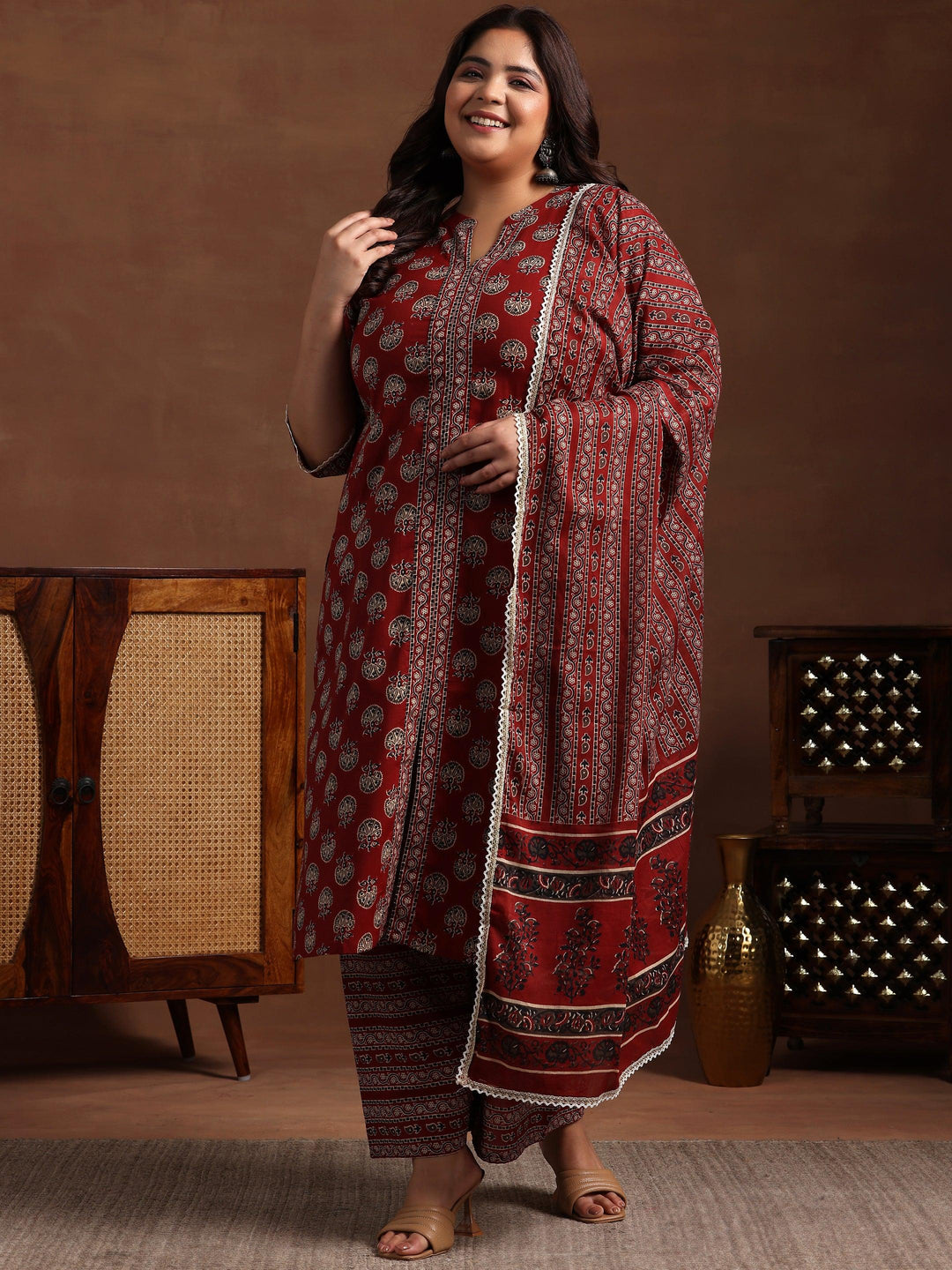 Plus Size Maroon Printed Cotton Straight Suit With Dupatta