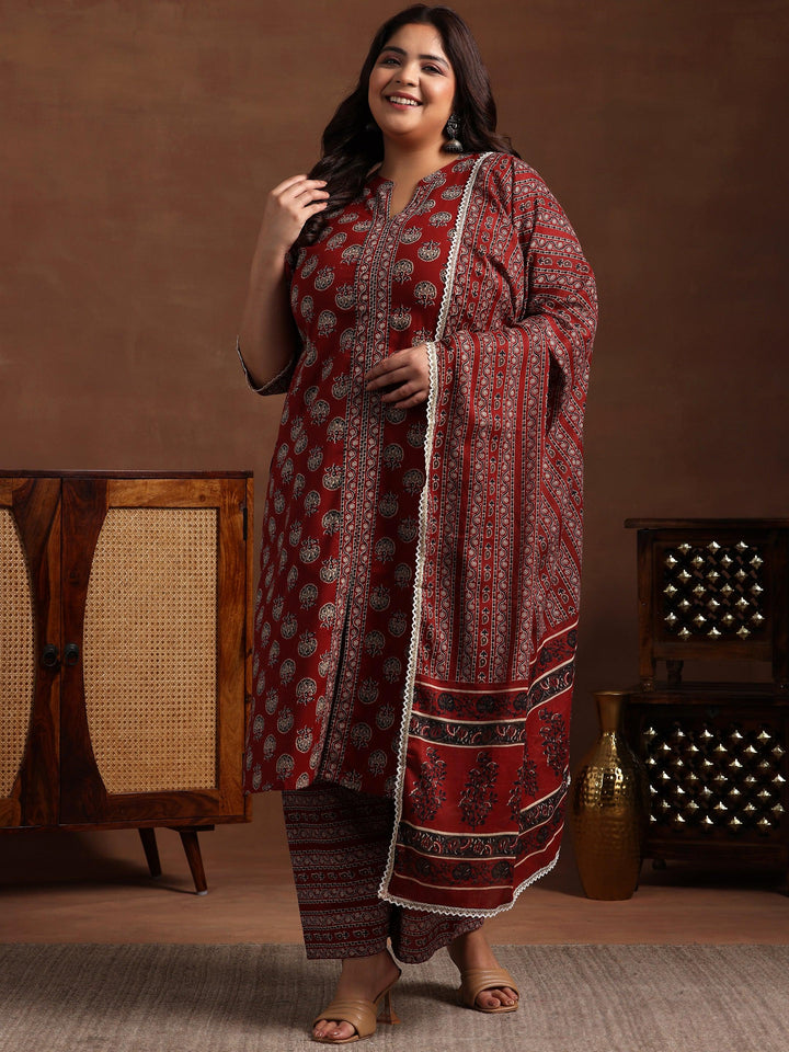 Plus Size Maroon Printed Cotton Straight Suit With Dupatta