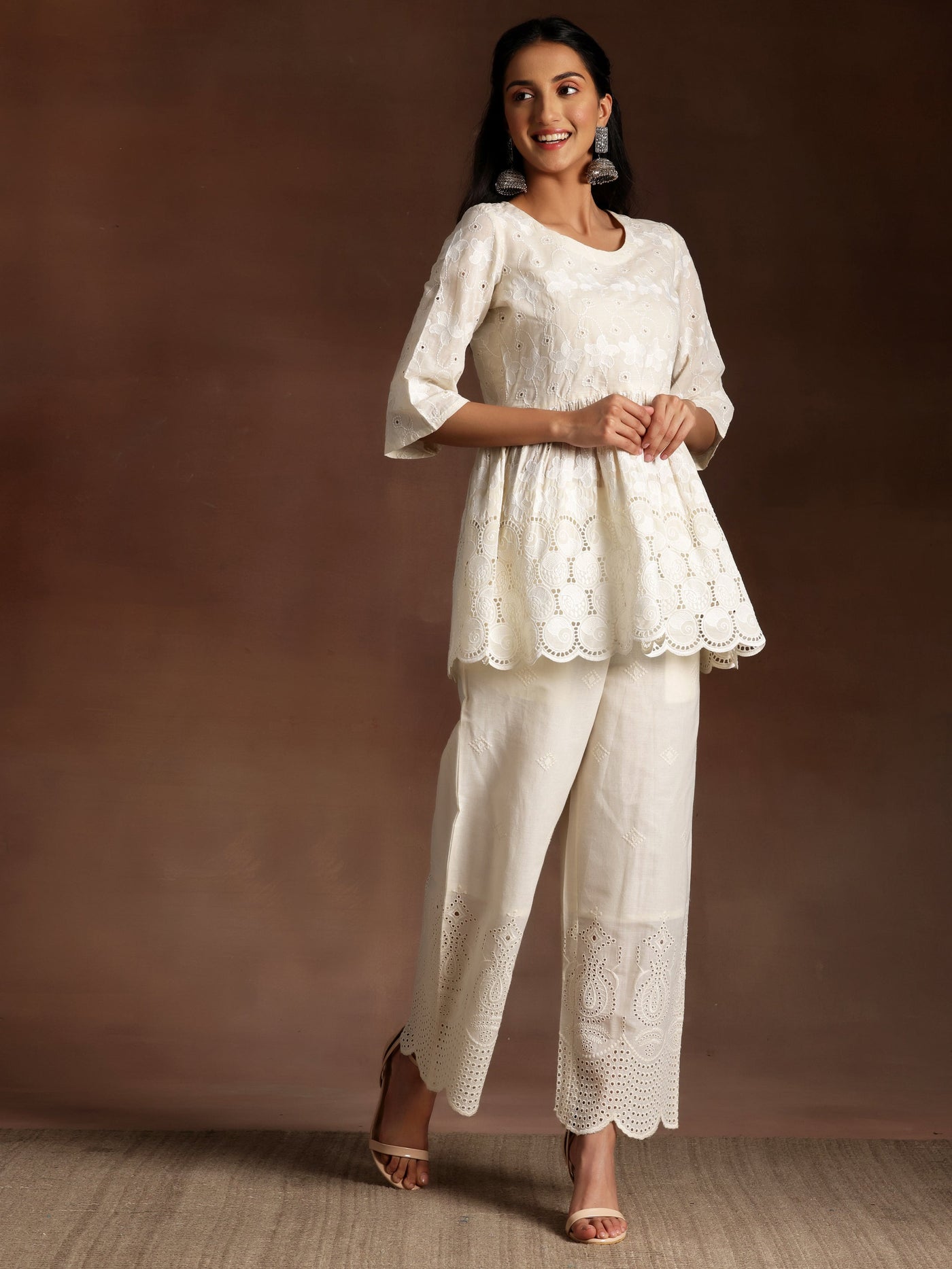 Rajnigandha Off White Embroidered Cotton A-Line Kurti