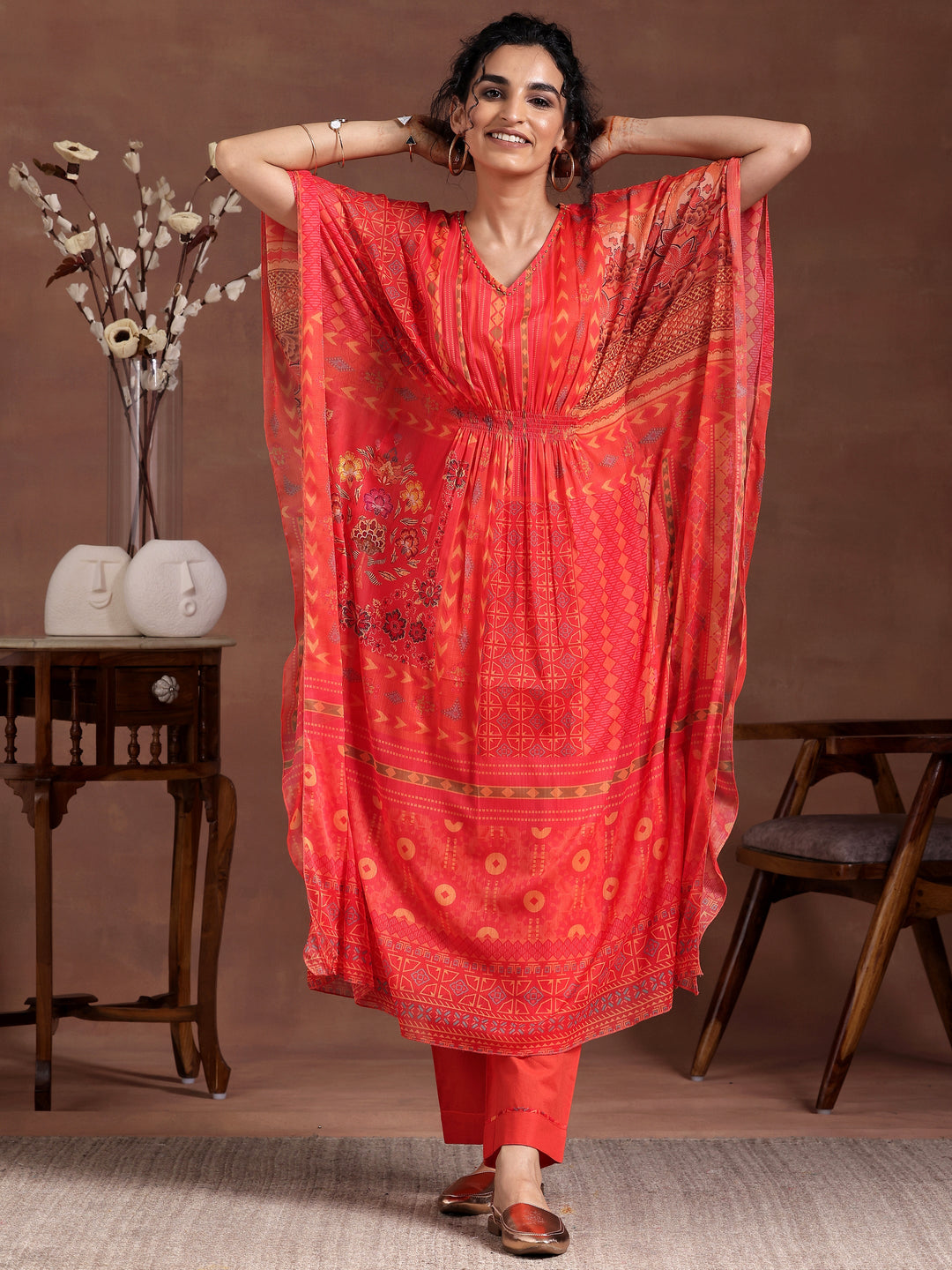 Orange Printed Chiffon 3 Piece Co-Ords