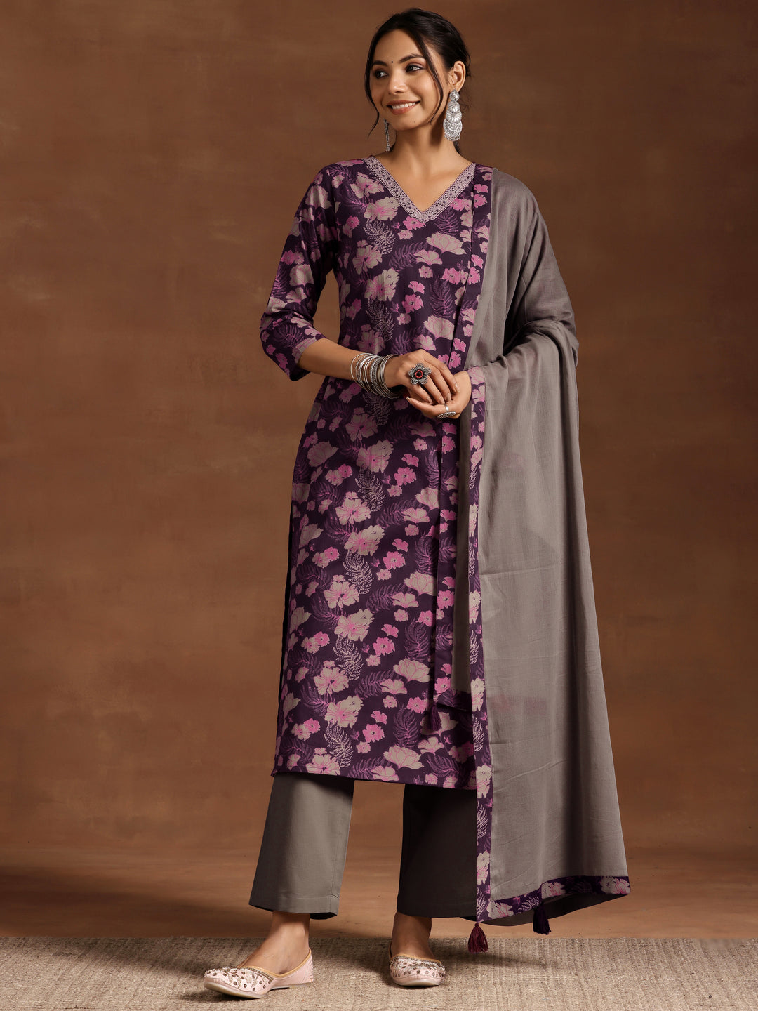 Wine Printed Cotton Straight Suit With Dupatta