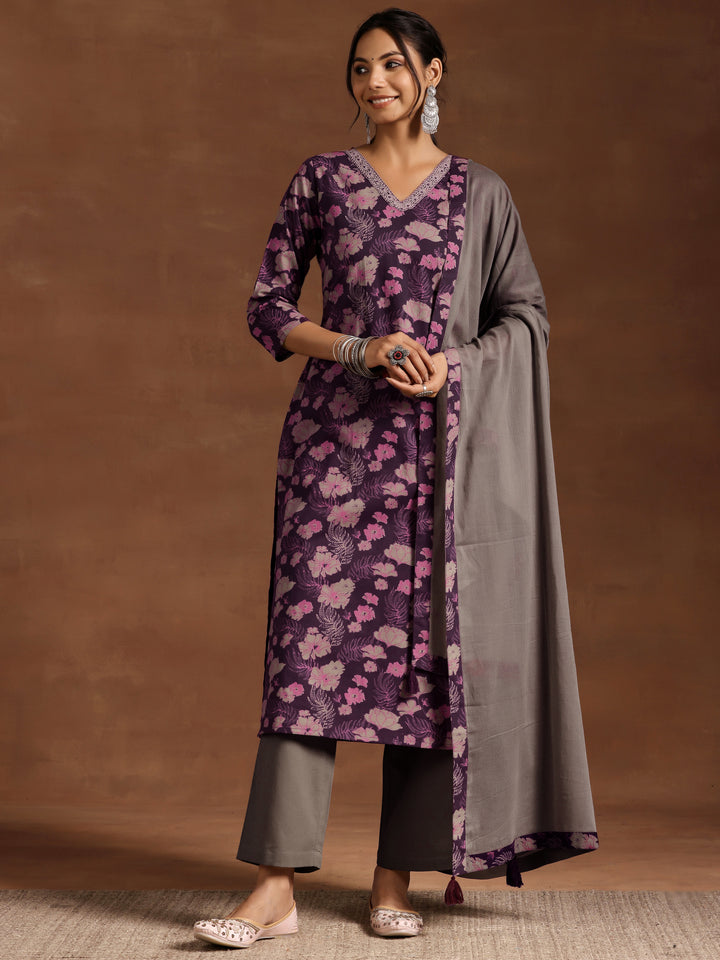 Wine Printed Cotton Straight Suit With Dupatta