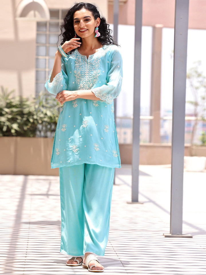 Turquoise Embroidered Silk Blend Co-Ords