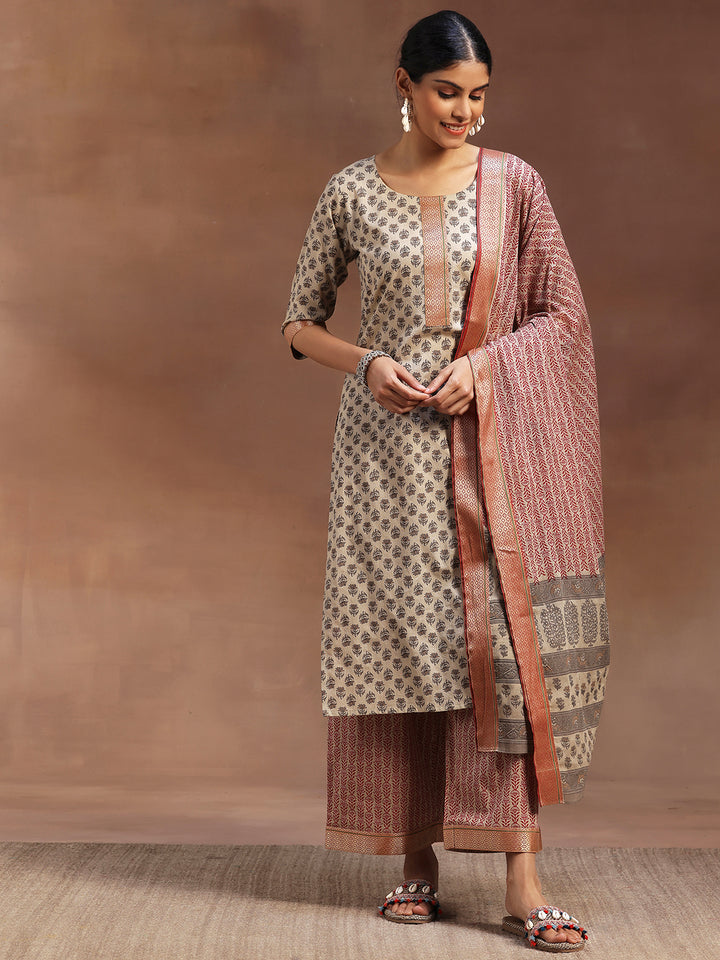 Beige Printed Cotton Straight Suit With Dupatta