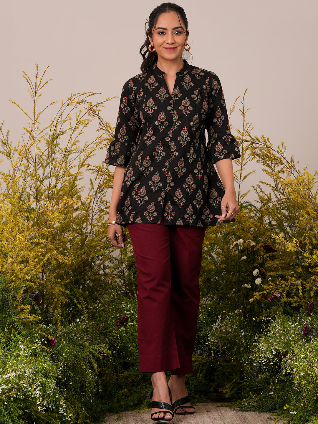Black Printed Cotton Straight Kurti - ShopLibas