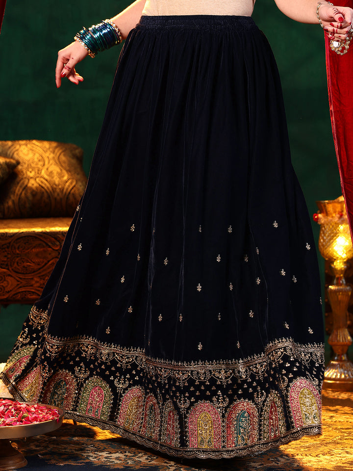Blue Embroidered Velvet Straight Suit With Dupatta