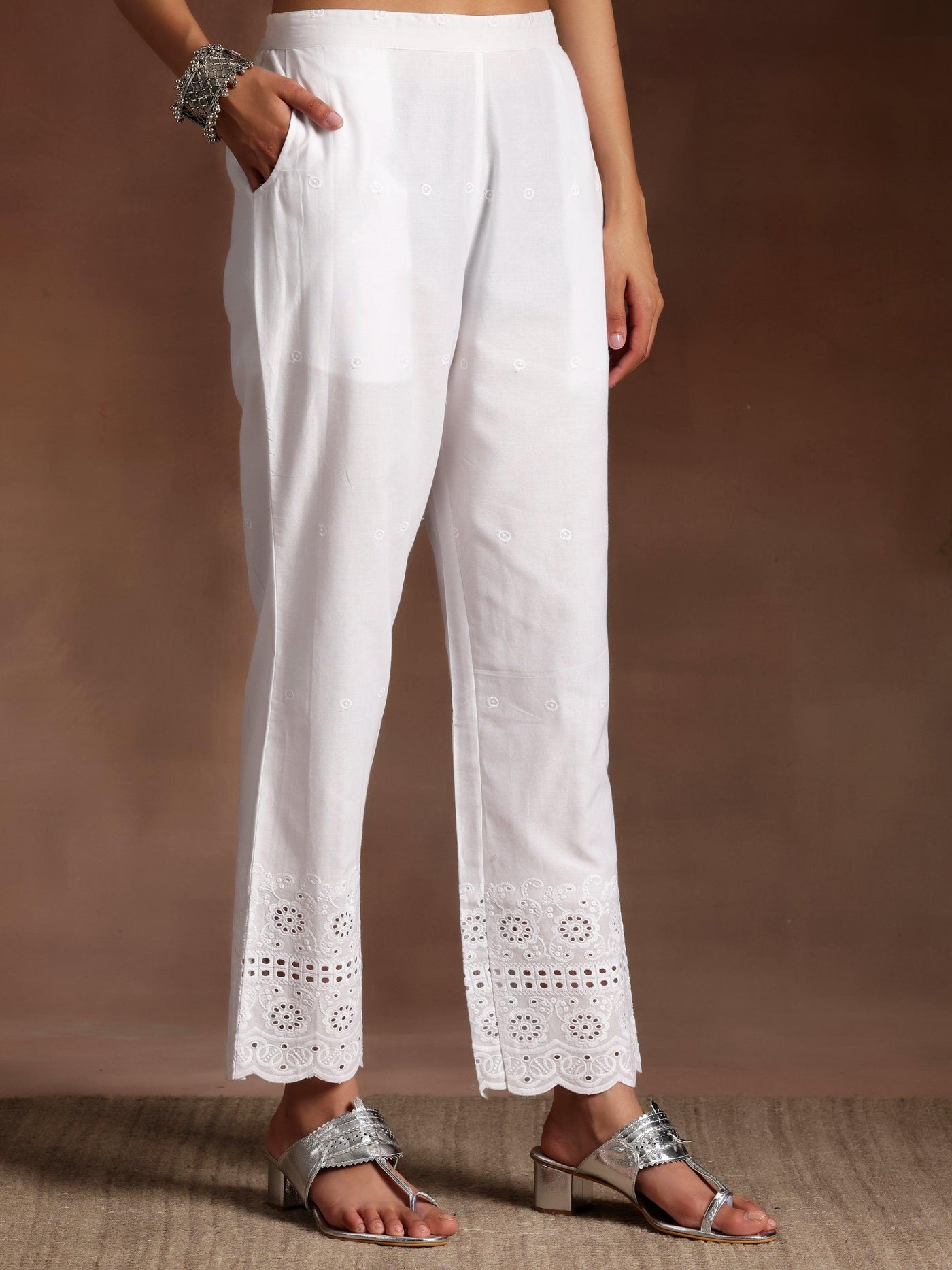 The Kiara Cut Suramya White Self Design Cotton A-Line Kurta With Trousers - ShopLibas