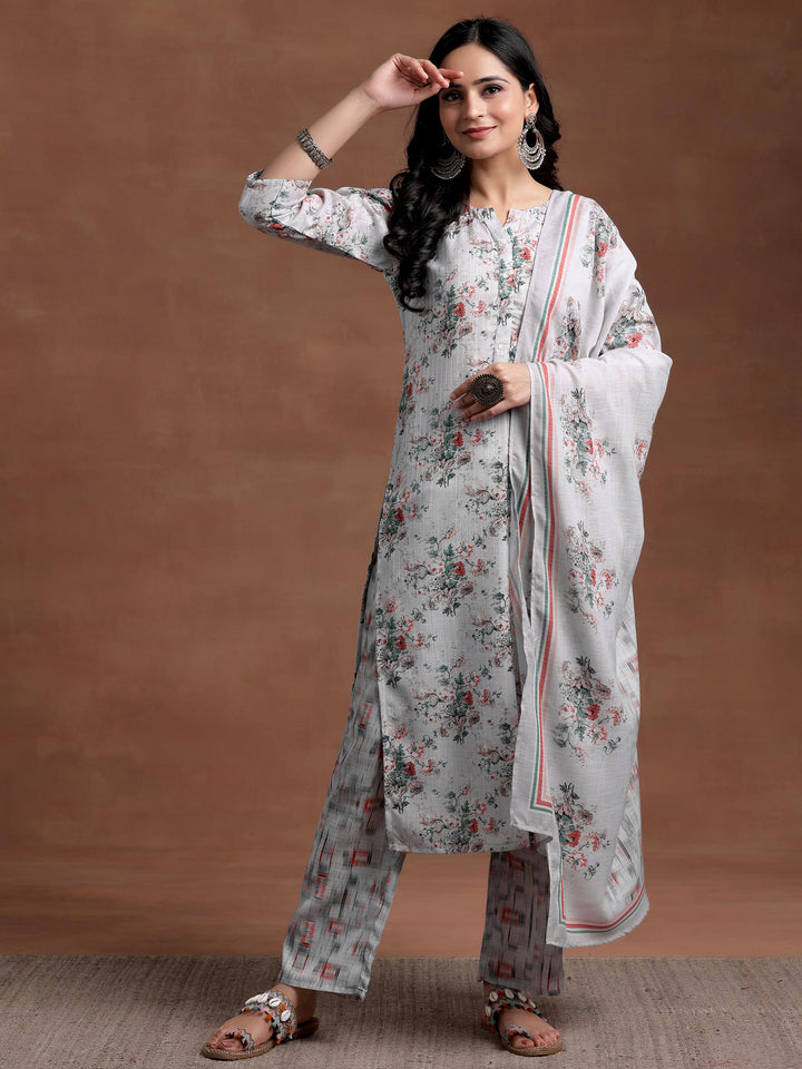 Grey Printed Cotton Straight Suit With Dupatta