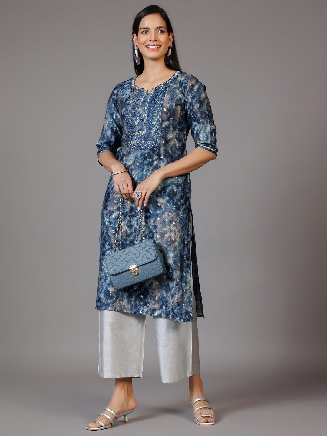 Navy Blue Yoke Design Silk Straight Kurta