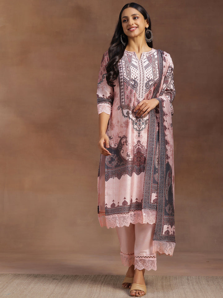 Pink Printed Silk Blend Straight Suit With Dupatta