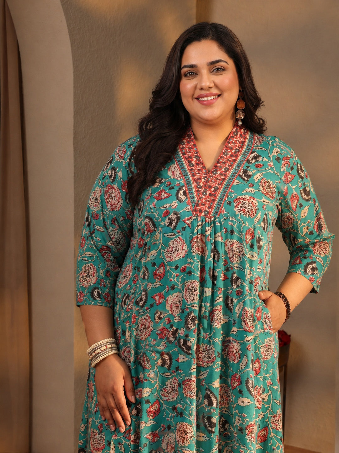 Plus Size Blue Floral Printed Cotton Blend A-line Suit Set