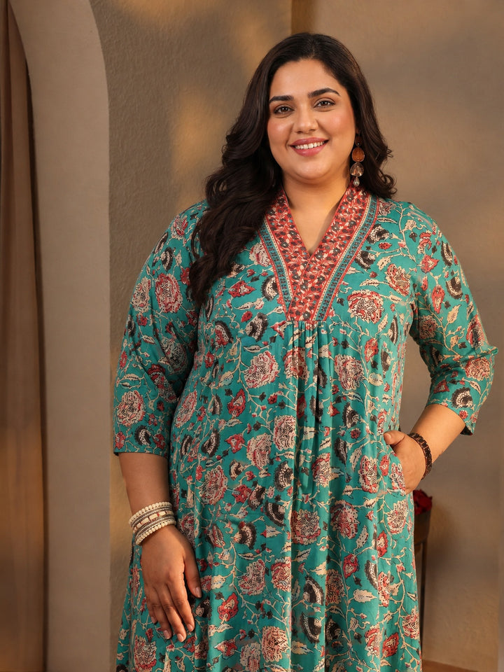 Plus Size Blue Floral Printed Cotton Blend A-line Suit Set