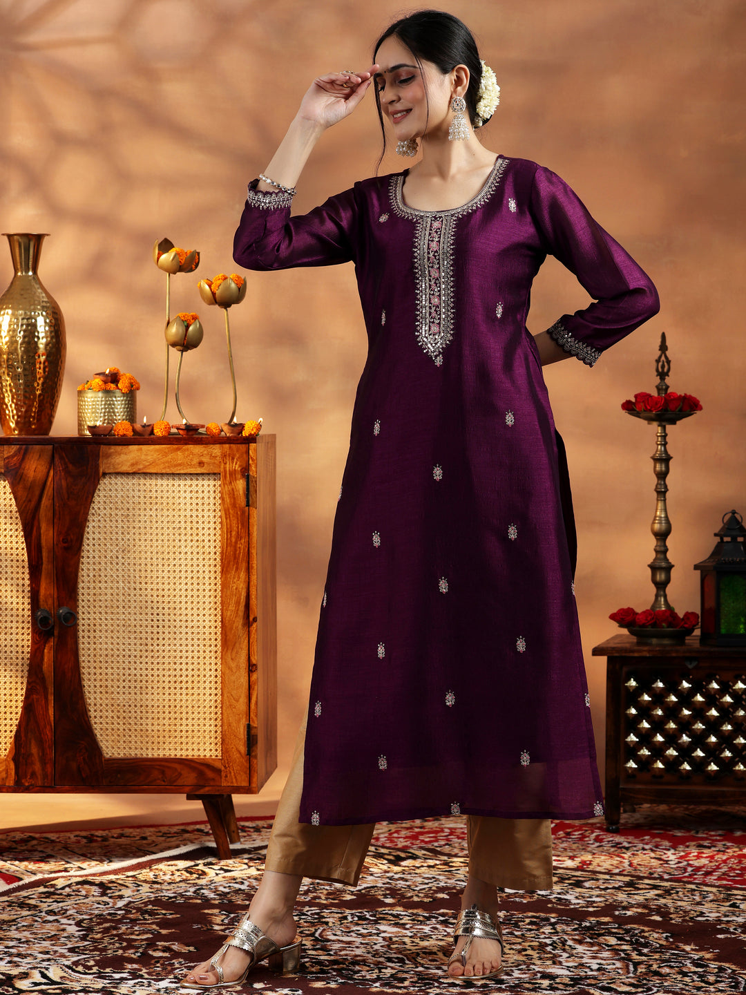 Burgundy Embroidered Silk Straight Kurta