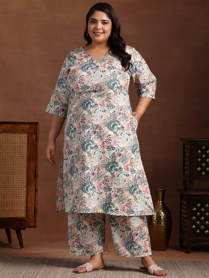 Plus Size Cream Printed Cotton Co-Ords