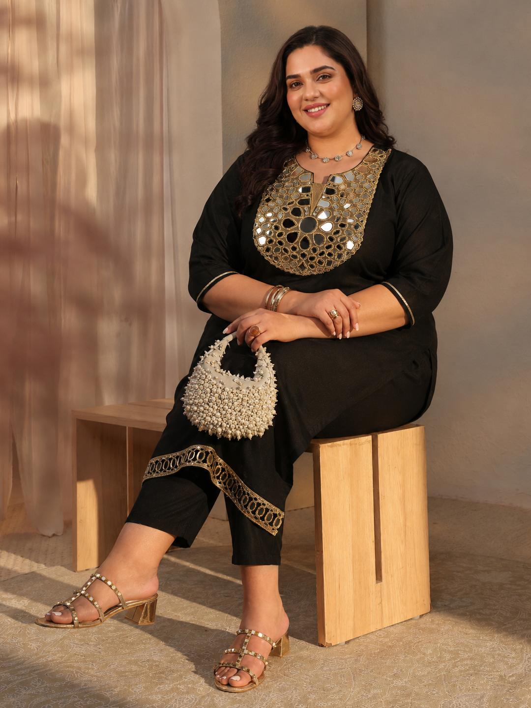 Plus Size Black Embellished Silk Blend Straight Kurta Set