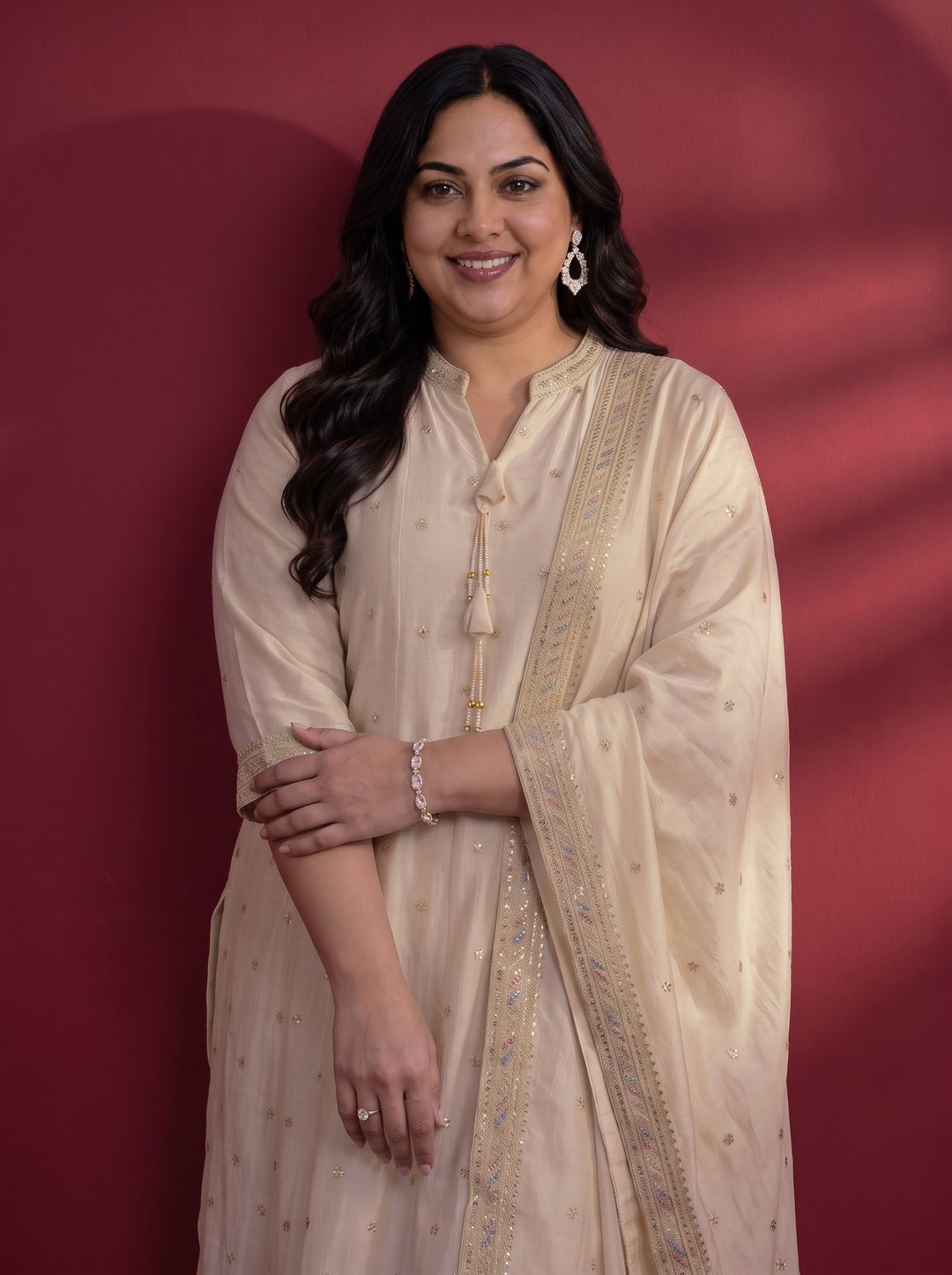 Plus Size Cream Ethnic Embroidered Silk Blend A-Line Suit Set