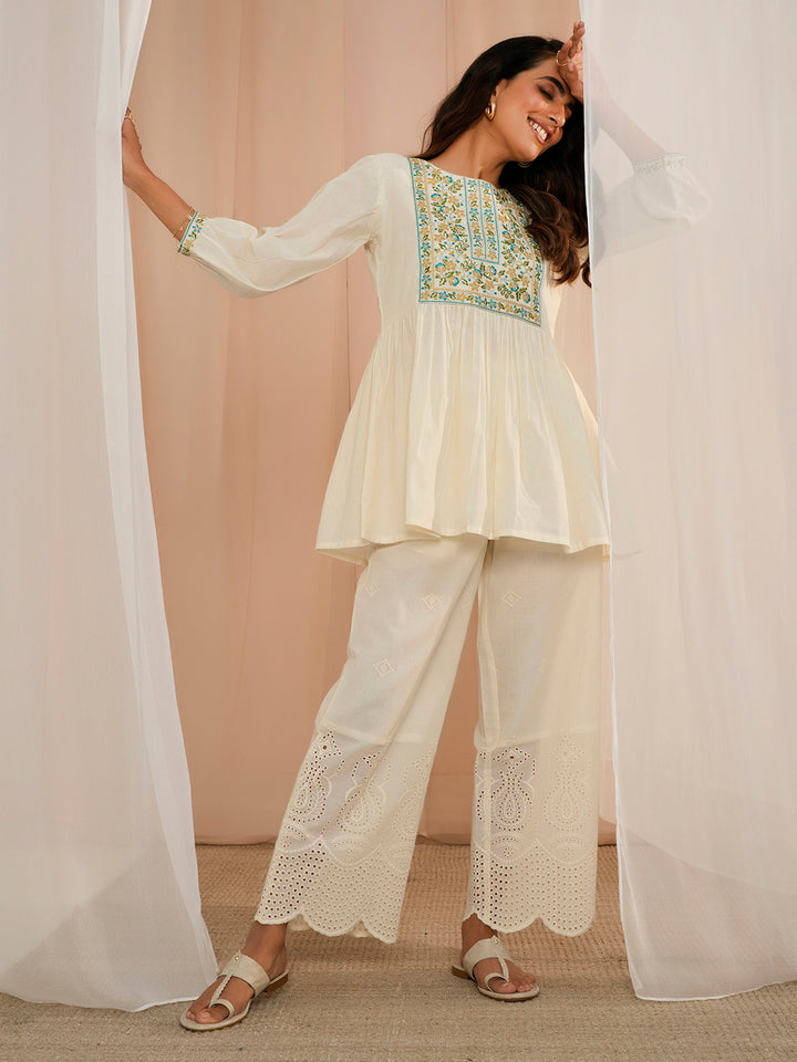 Off White Embroidered Cotton Wide Leg Palazzos