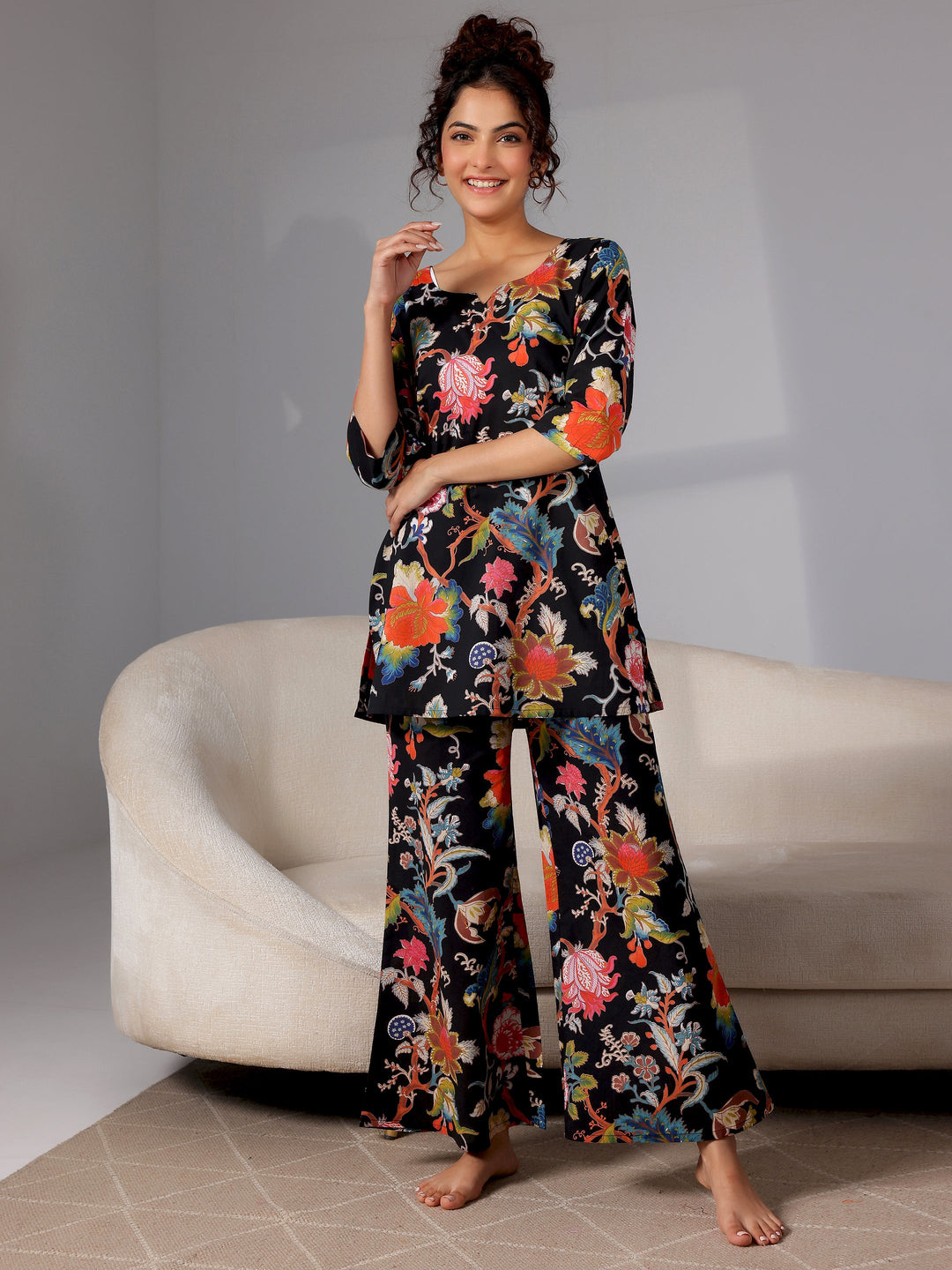 Black Printed Cotton Night Suits