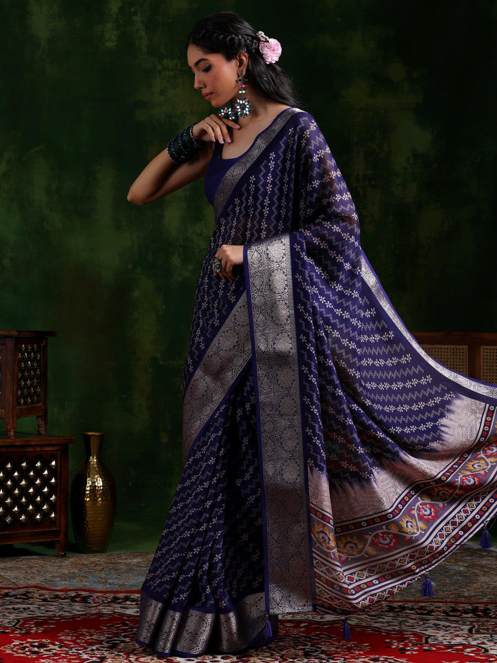 Purple Printed Silk Blend Saree With Unstitched Blouse Piece - Libas