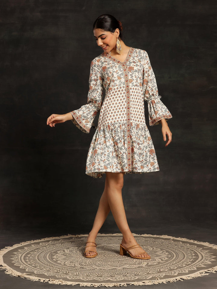 Beige Printed Cotton A-Line Dress - ShopLibas