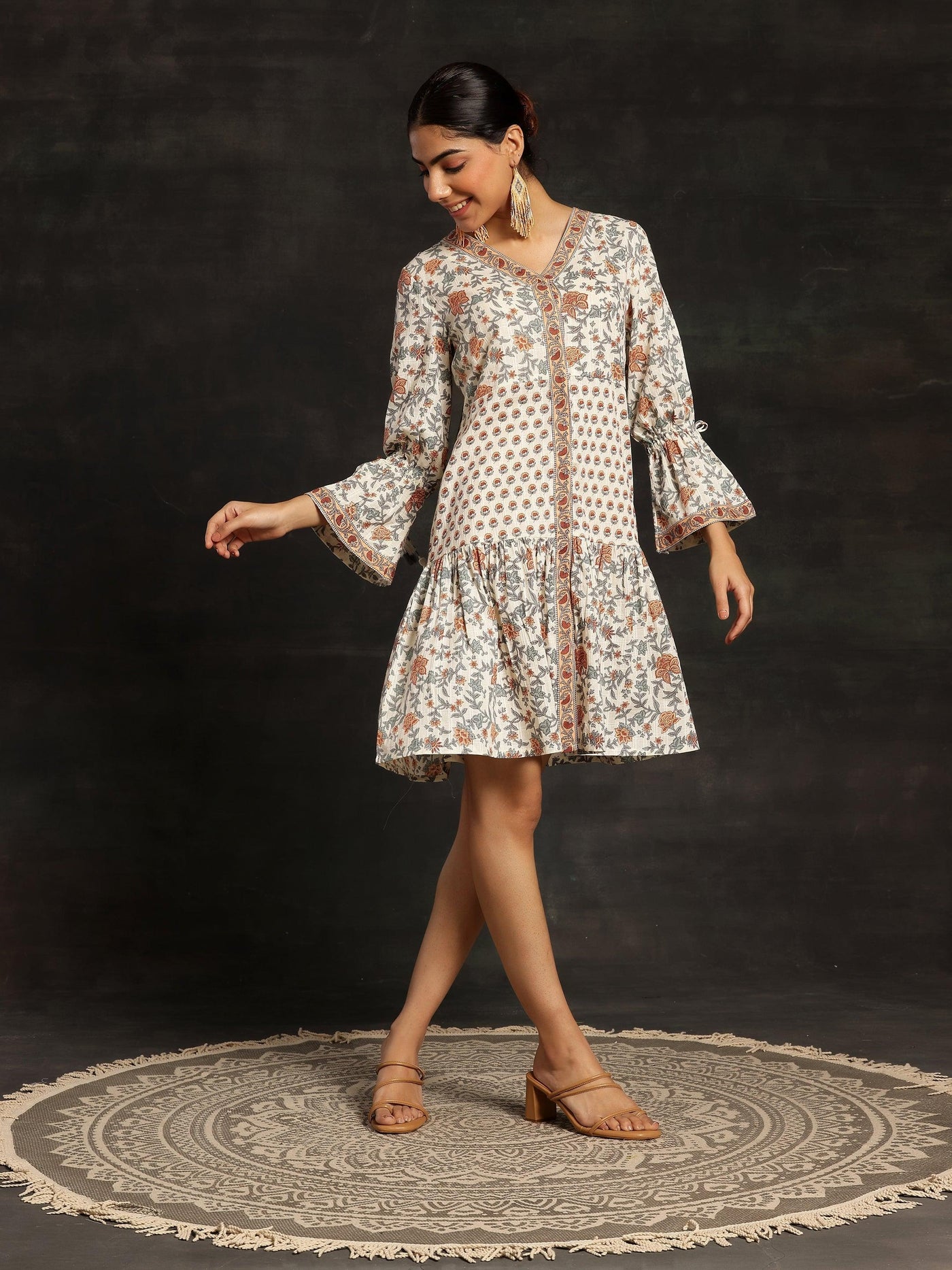 Beige Printed Cotton A-Line Dress - ShopLibas