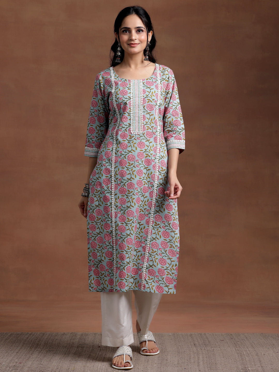 Blue Printed Cotton Straight Kurta