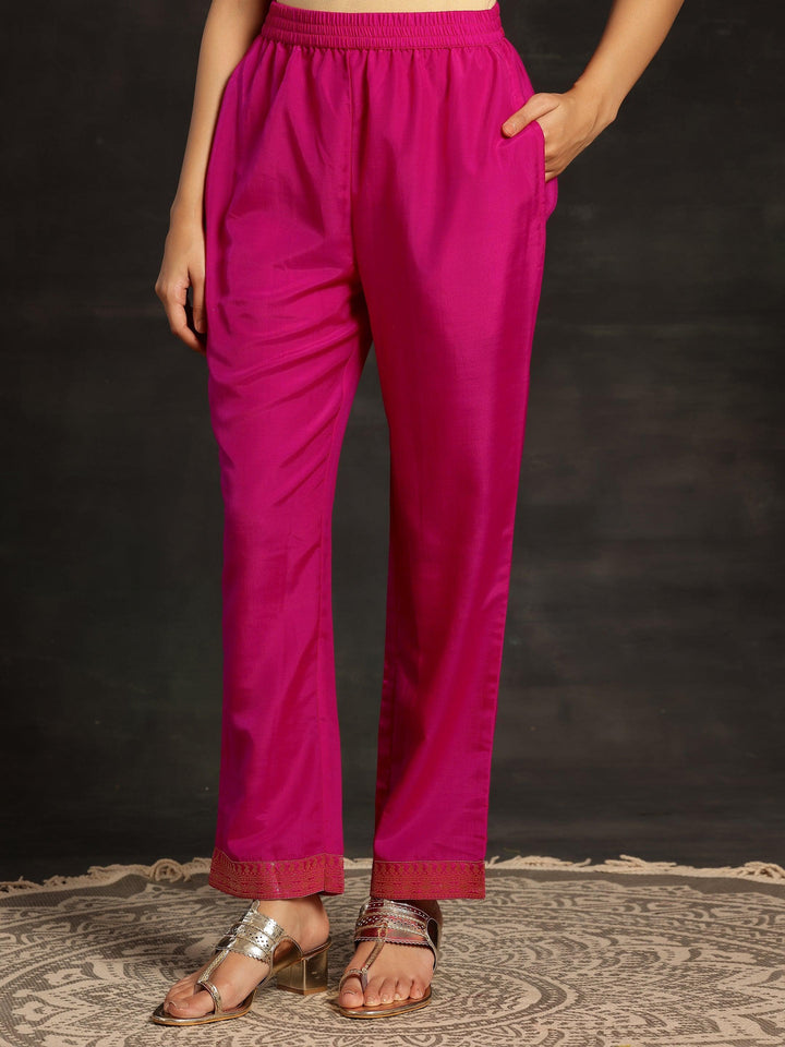Pink Woven Design Silk Blend Straight Kurta With Trousers & Dupatta - ShopLibas