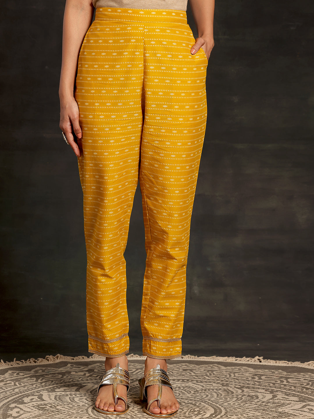 Mustard Printed Cotton Straight Suit With Dupatta