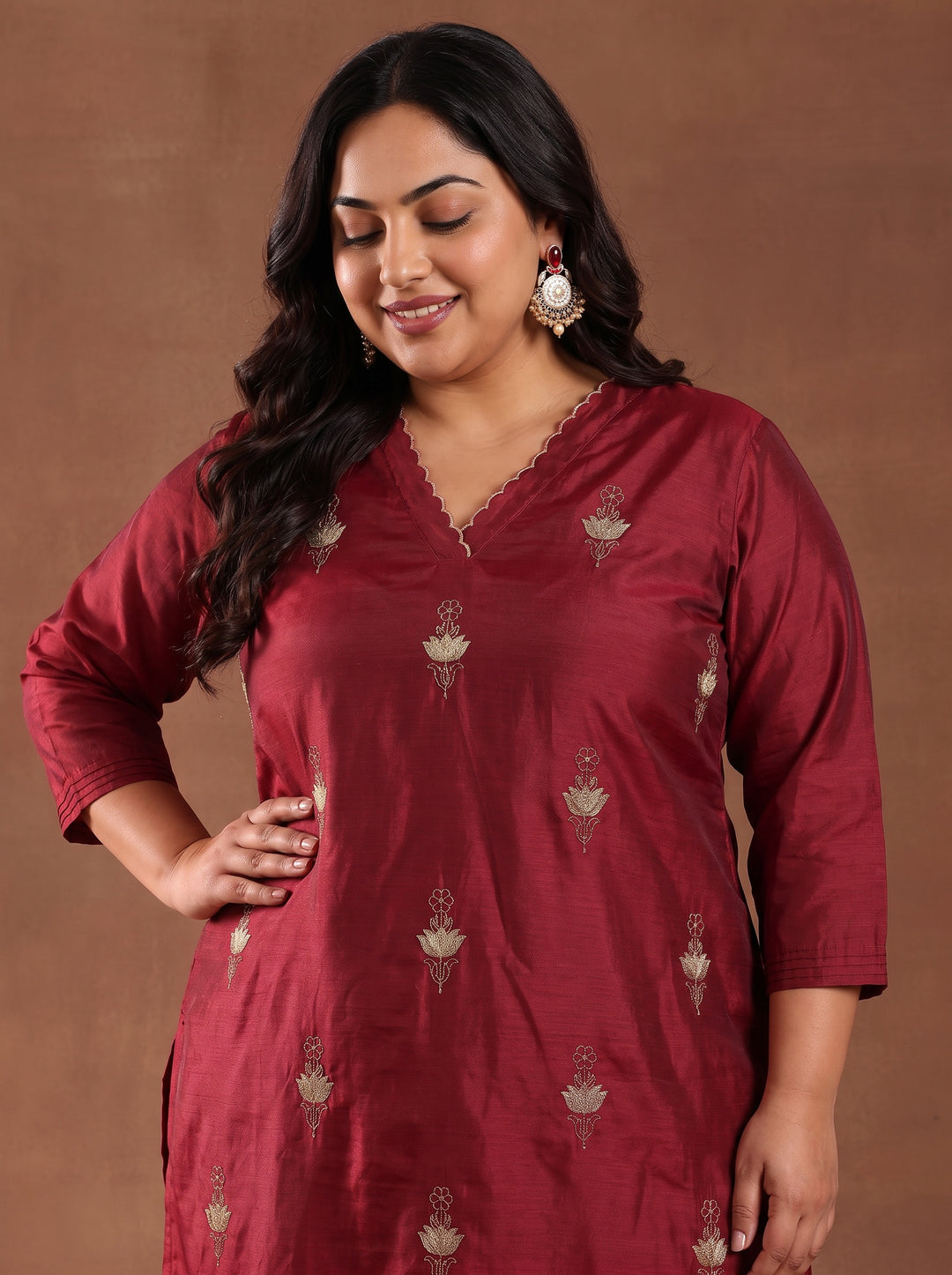 Plus Size Maroon Floral Embroidered Silk Blend Straight Suit Set