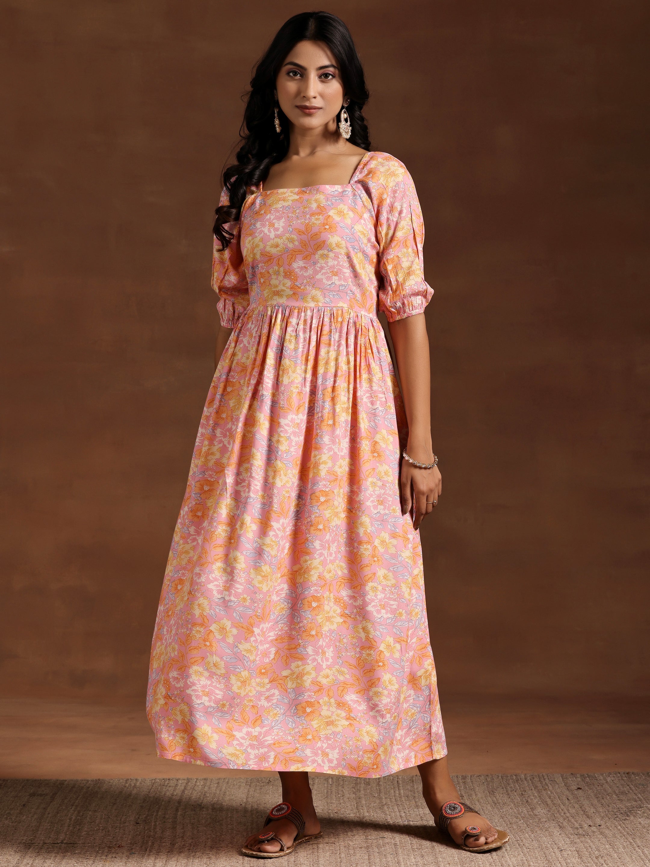 Buy Peach Printed Rayon Fit and Flare Dress Online at $21.00 | Libas