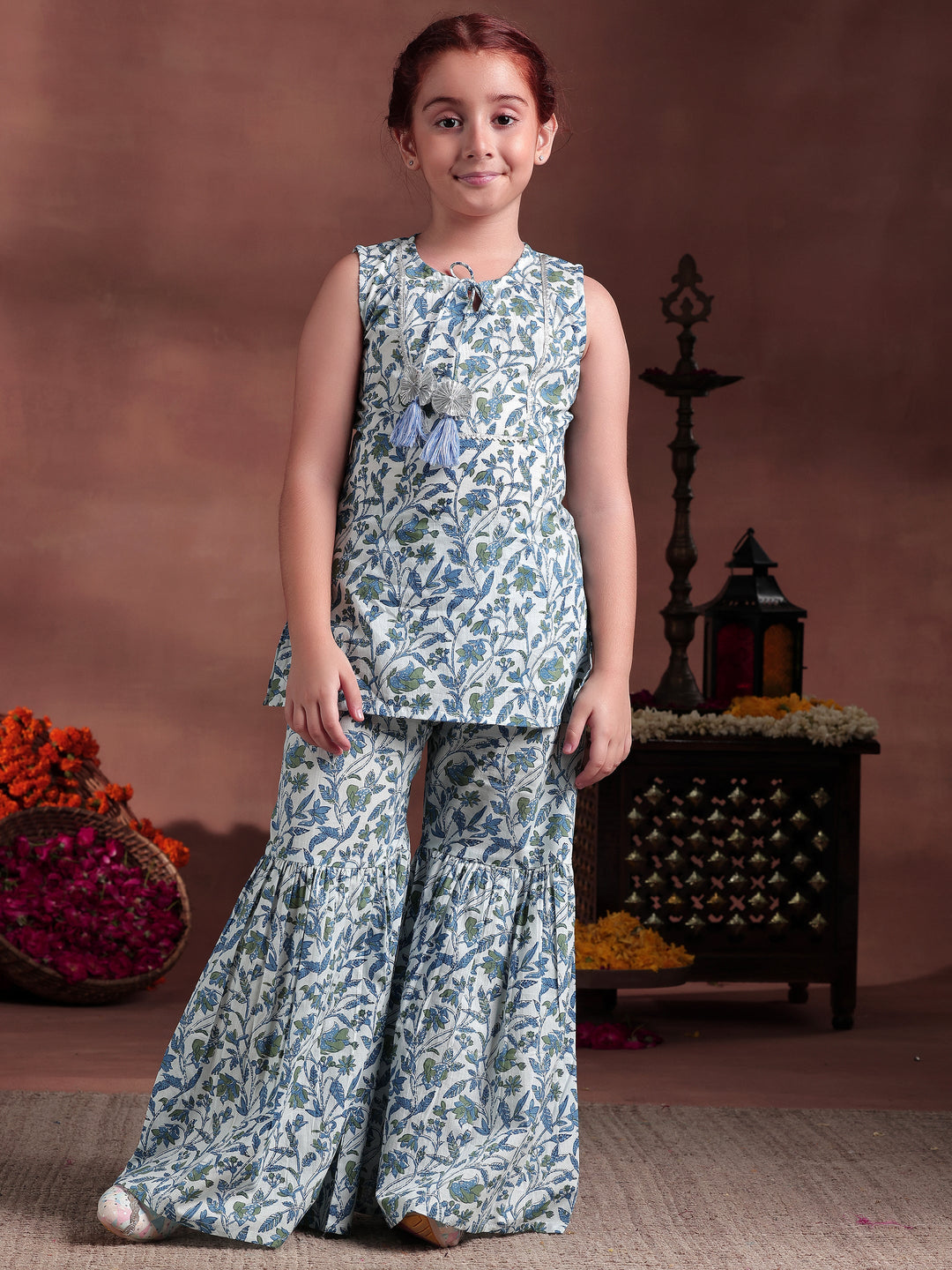 Kids White Printed Cotton Straight Kurta Set
