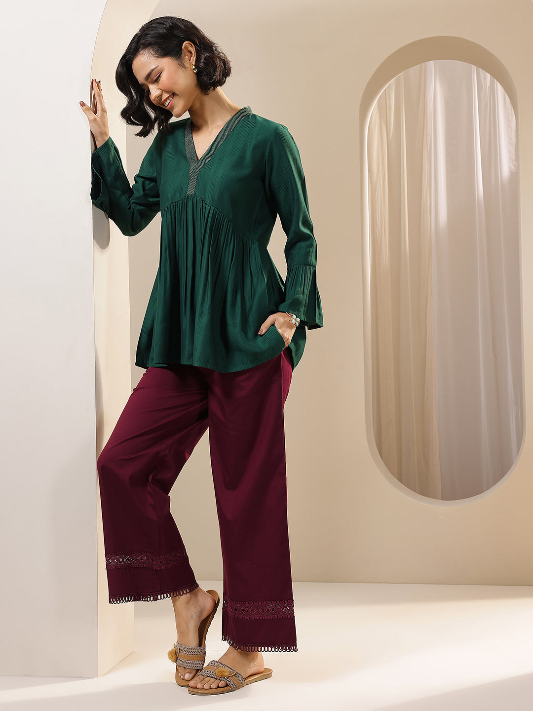 Maroon Solid Cotton Palazzos