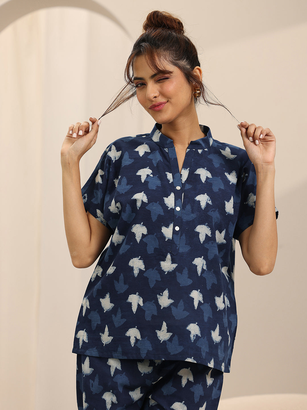 Blue Printed Cotton Night Suits