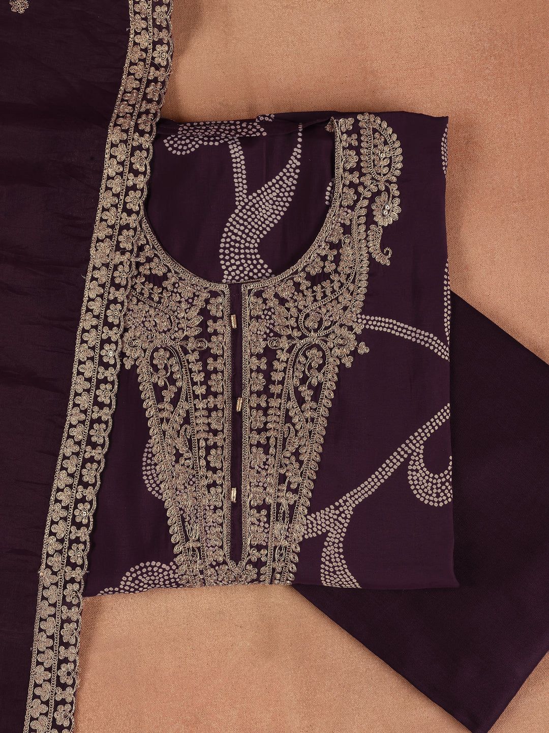 Wine Embroidered Silk Blend Dress Material with Dupatta