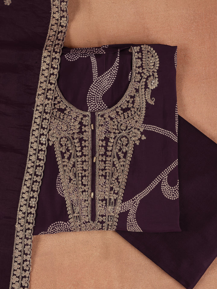 Wine Embroidered Silk Blend Dress Material with Dupatta