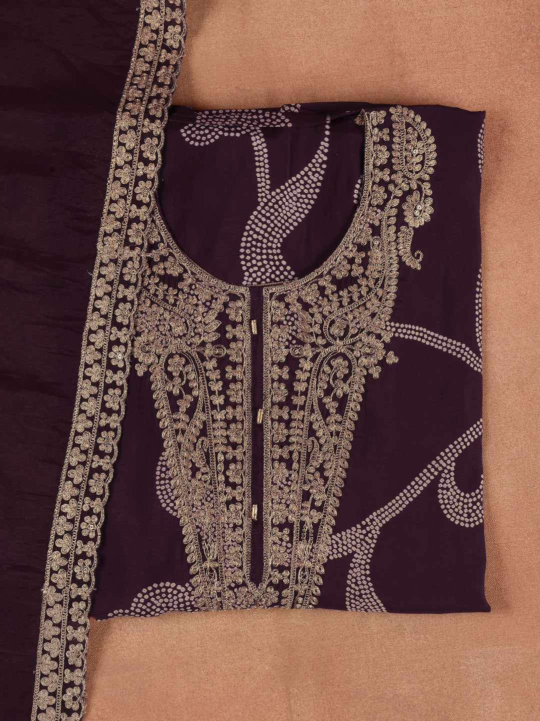 Wine Embroidered Silk Blend Dress Material with Dupatta