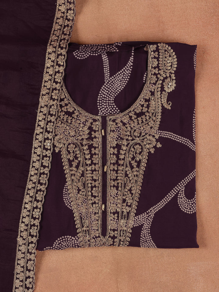 Wine Embroidered Silk Blend Dress Material with Dupatta