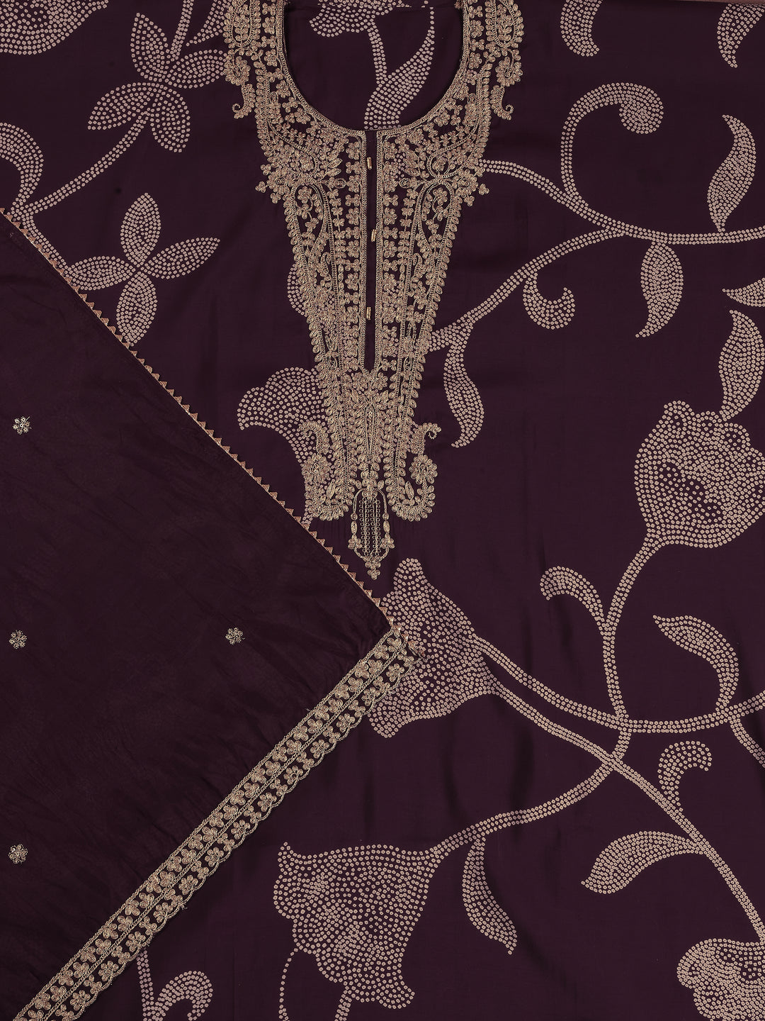 Wine Embroidered Silk Blend Dress Material with Dupatta