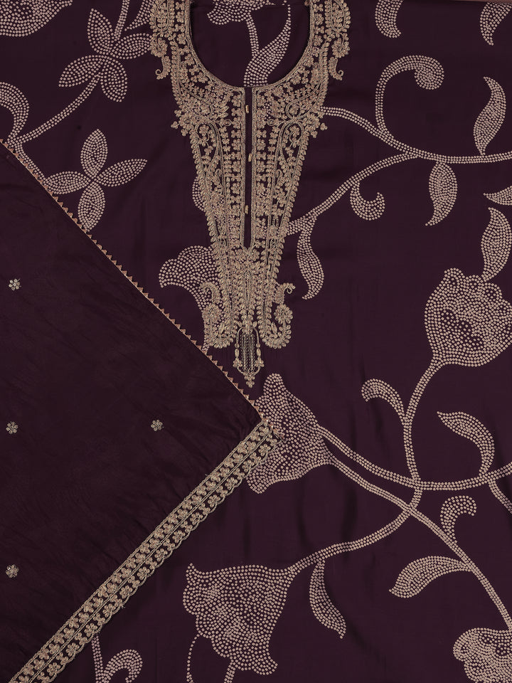 Wine Embroidered Silk Blend Dress Material with Dupatta