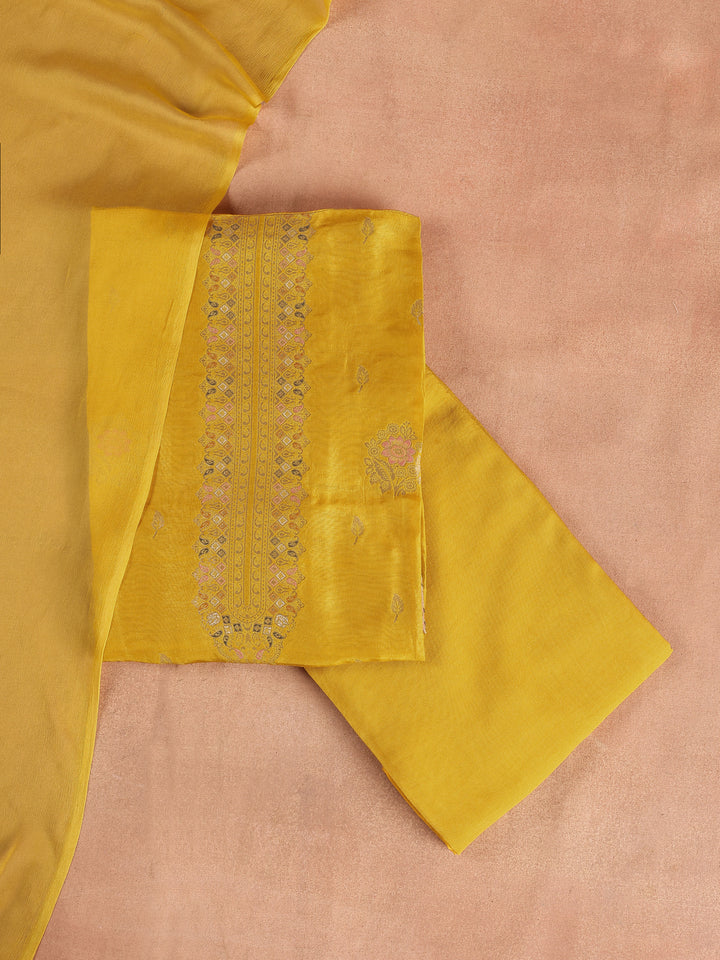 Mustard Embroidered Silk Blend Dress Material With Dupatta