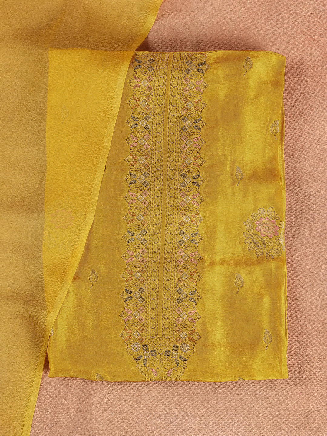 Mustard Embroidered Silk Blend Dress Material With Dupatta