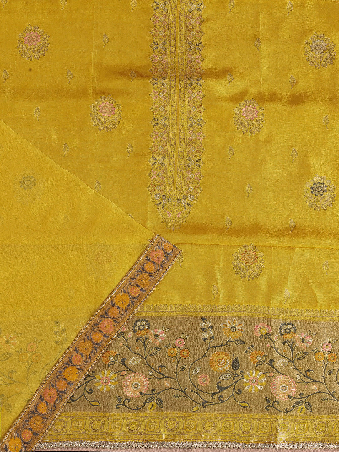 Mustard Embroidered Silk Blend Dress Material With Dupatta