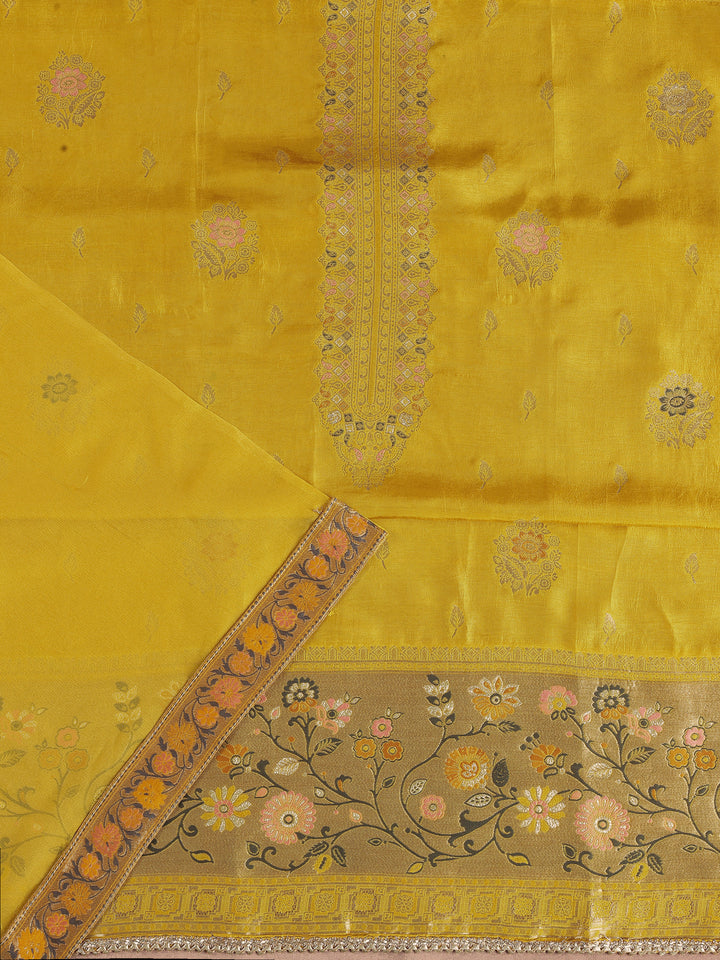 Mustard Embroidered Silk Blend Dress Material With Dupatta